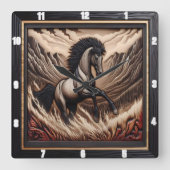 山の中空に跳躍するマスタングのレンジホース スクエア壁時計 (正面)