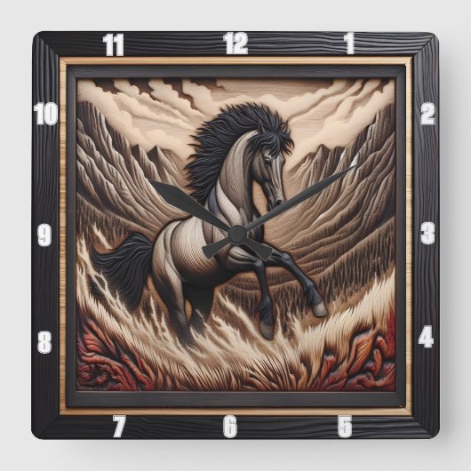 山の中空に跳躍するマスタングのレンジホース スクエア壁時計 (正面)