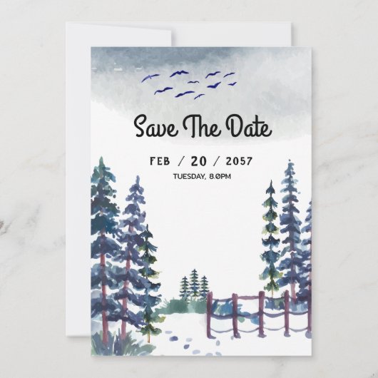 山の冬のウェディングカード Save the Date 招待状 (裏面)