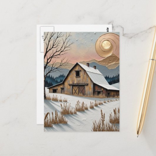 山の冬の納屋のユニークな絵画 ポストカード (正面/裏面インサイチュ)