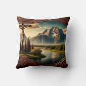 山の前で十字架につけられた威厳のあるイエス クッション (裏面)