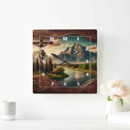 山の前で十字架につけられた威厳のあるイエス スクエア壁時計