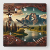 山の前で十字架につけられた威厳のあるイエス スクエア壁時計 (正面)