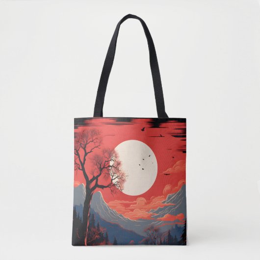 山の向こうの赤い空に浮かぶエーテルのような月 トートバッグ (正面)