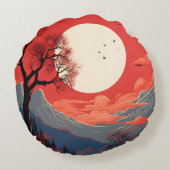 山の向こうの赤い空に浮かぶエーテルのような月 ラウンドクッション (裏面)
