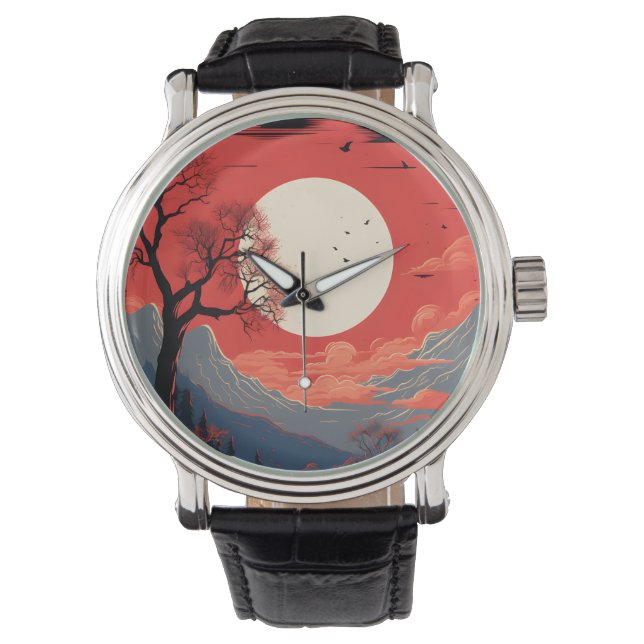 山の向こうの赤い空に浮かぶエーテルのような月 腕時計 (正面)