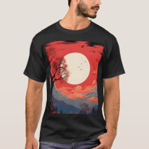 山の向こうの赤い空に浮かぶエーテルのような月