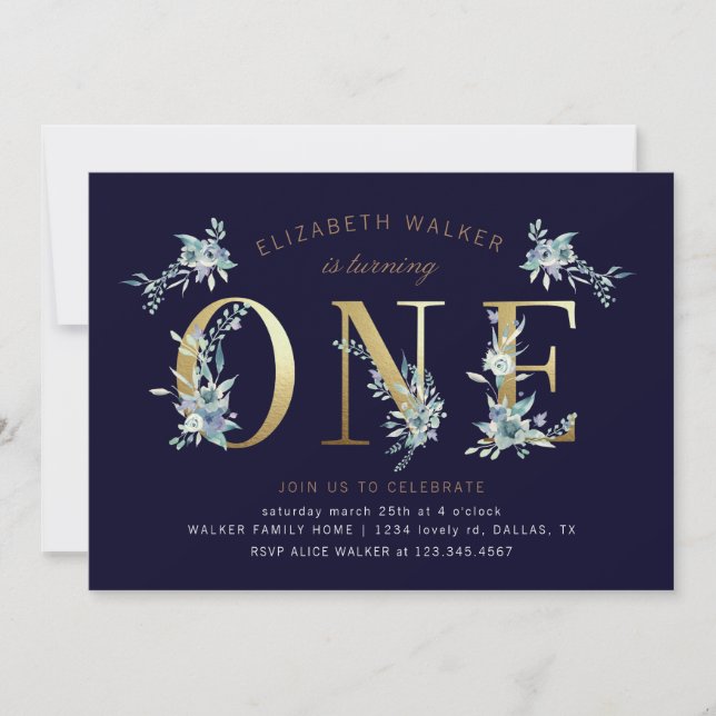 山の夏のフローラの最初の誕生日の招待 (正面)