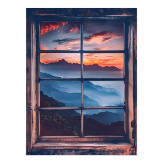 山の夕日の窓ビュー フォトプリント            (正面)