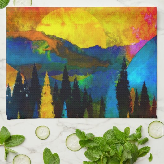 山の夕日 キッチンタオル (折り畳み)