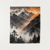 山の夕焼けのタペストリー | 黄金の光のインクアート タペストリー (正面)