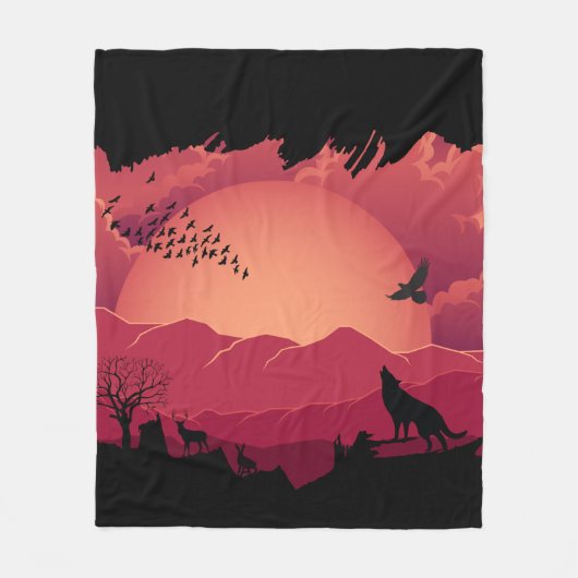 山の夕焼けの上の動物 フリースブランケット (正面)