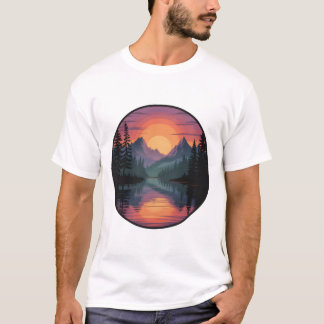山の夕焼けの自然シーンTシャツデザイン Tシャツ