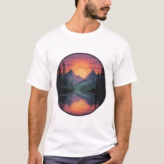 山の夕焼けの自然シーンTシャツデザイン Tシャツ (正面)