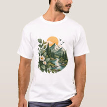 山の夕焼けの花柄の自然なTシャツ
