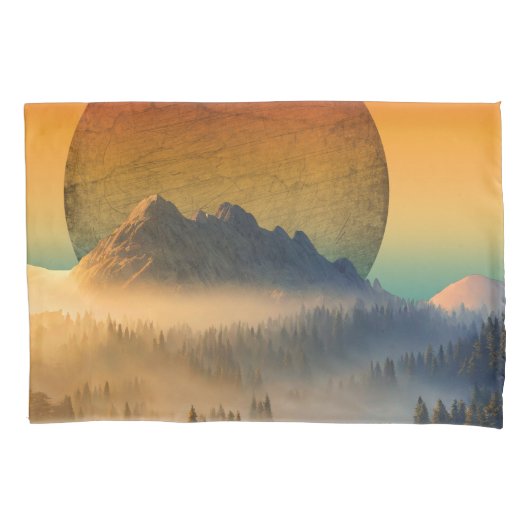 山の夜明けの森の自然の夕焼けの風景 枕カバー (正面)