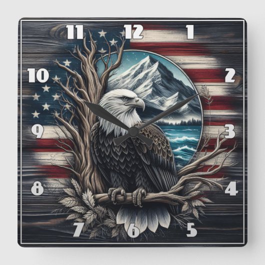 山の威厳のある景色に止まるワシ スクエア壁時計 (正面)