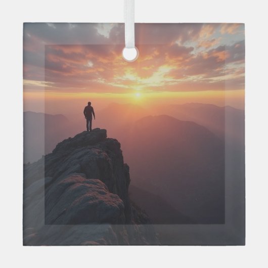 山の威厳のある頂上から見る日の出 ガラスオーナメント (正面)