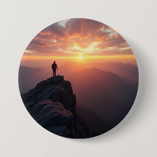 山の威厳のある頂上から見る日の出 缶バッジ (正面)