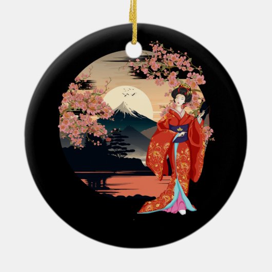 山の富士さくらんぼ花咲き芸者日本のガード セラミックオーナメント (裏面)