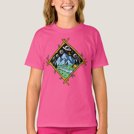 山の小川テントキャンプ夜空星惑星 Tシャツ (正面)