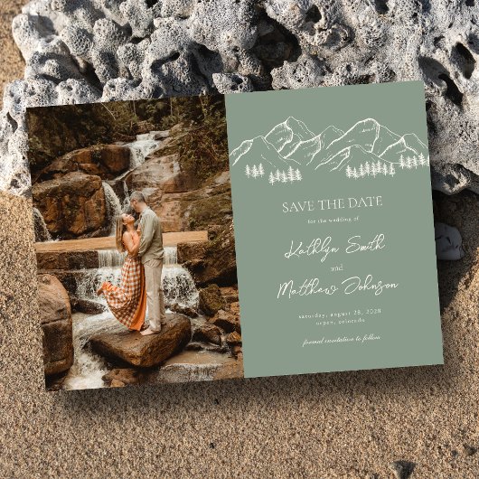 山の屋外セージ緑の結婚式の日付を保存 マグネット招待状