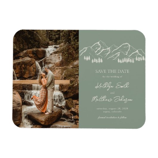 山の屋外セージ緑の結婚式の日付を保存 マグネット (横)