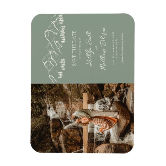 山の屋外セージ緑の結婚式の日付を保存 マグネット (縦)