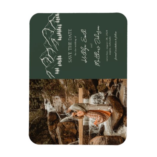 山の屋外セージ緑の結婚式の日付を保存 マグネット (縦)