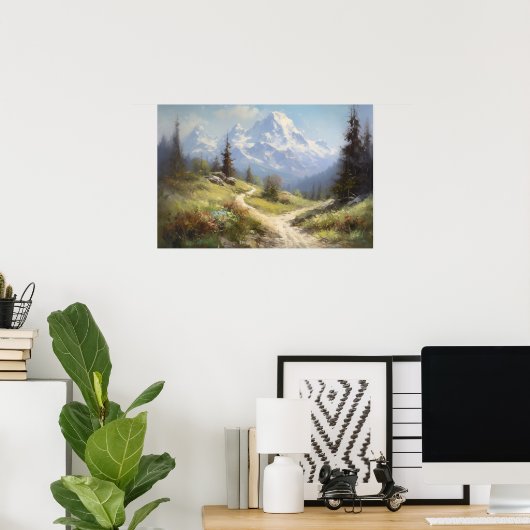 山の山の巻き道の麓の油絵 ポスター (ホームオフィス)