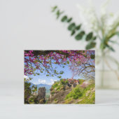 山の岩とピンクのさくらんぼの花 ポストカード (スタンド正面)