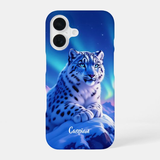 山の岩の上の目を引くユキヒョウ iPhone 16ケース (裏面)