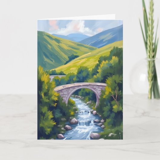 山の川の橋の緑の水彩風景 カード (正面)