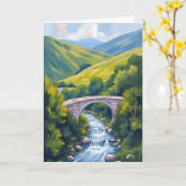山の川の橋の緑の水彩風景 カード (黄色い花)
