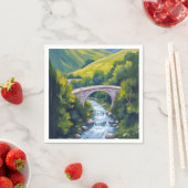 山の川の橋の緑の水彩風景 スタンダードカクテルナプキン (インサイチュ)