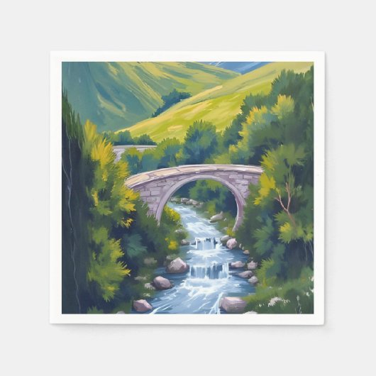 山の川の橋の緑の水彩風景 スタンダードカクテルナプキン (正面)