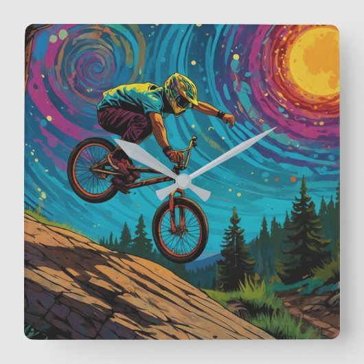 山の斜面を疾走するBMXライダー スクエア壁時計 (正面)