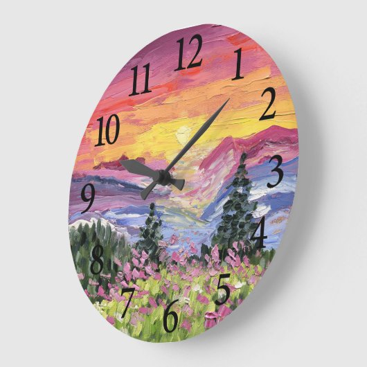山の日の出と山花 ラージ壁時計 (傾斜)