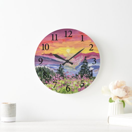 山の日の出と山花 ラージ壁時計 (ホーム)
