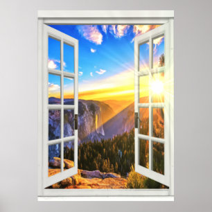 山の日の出の眺めTrompe - l ' oeilののどの窓 ポスター