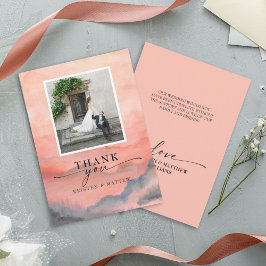 山の日没の水の素朴色結婚の写真 サンキューカード