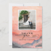 山の日没の水の素朴色結婚の写真 サンキューカード (正面)