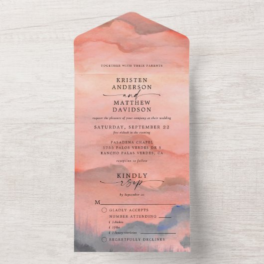 山の日没の水の色結婚の食事 オールインワン招待状 (内側)