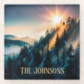 山の日没の署名 ガラスコースター (正面)