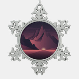 山の日没イラストレーション スノーフレークピューターオーナメント
