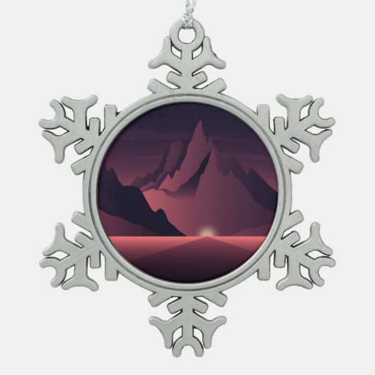 山の日没イラストレーション スノーフレークピューターオーナメント (正面)