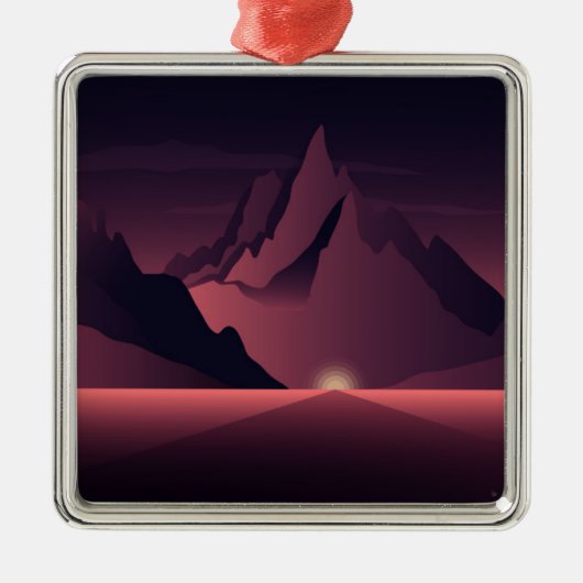 山の日没イラストレーション メタルオーナメント (正面)