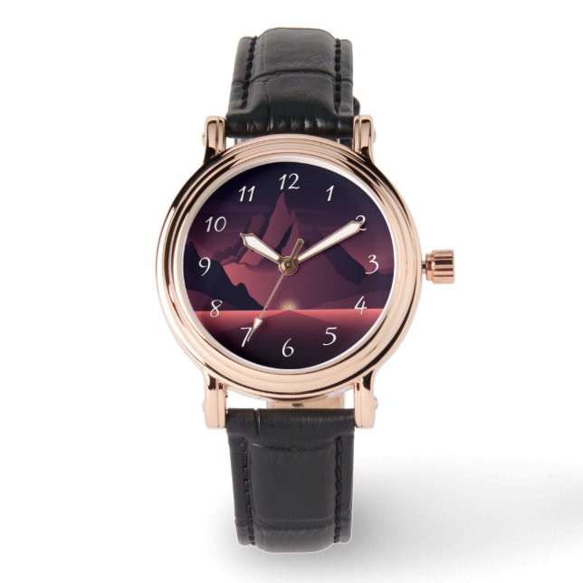 山の日没イラストレーション 腕時計 (正面)