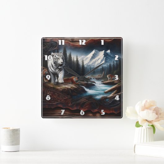 山の景色がベンガルの虎 スクエア壁時計 (ホーム)