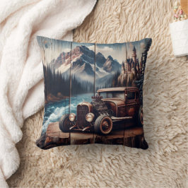 山の景色の近く威厳のあるのビンテージカー クッション